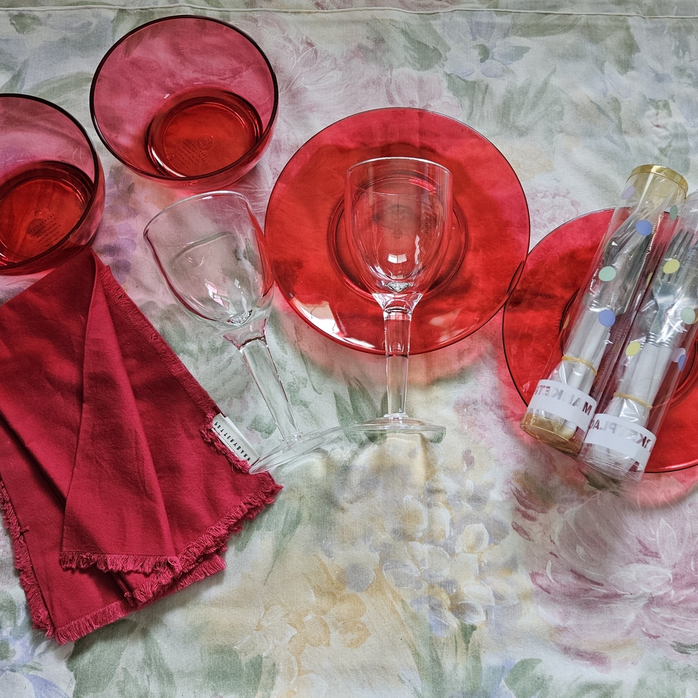 Pottery Barn Red Dinnerware Set for Picnic Dining Plates Bowels Utensils Glasses